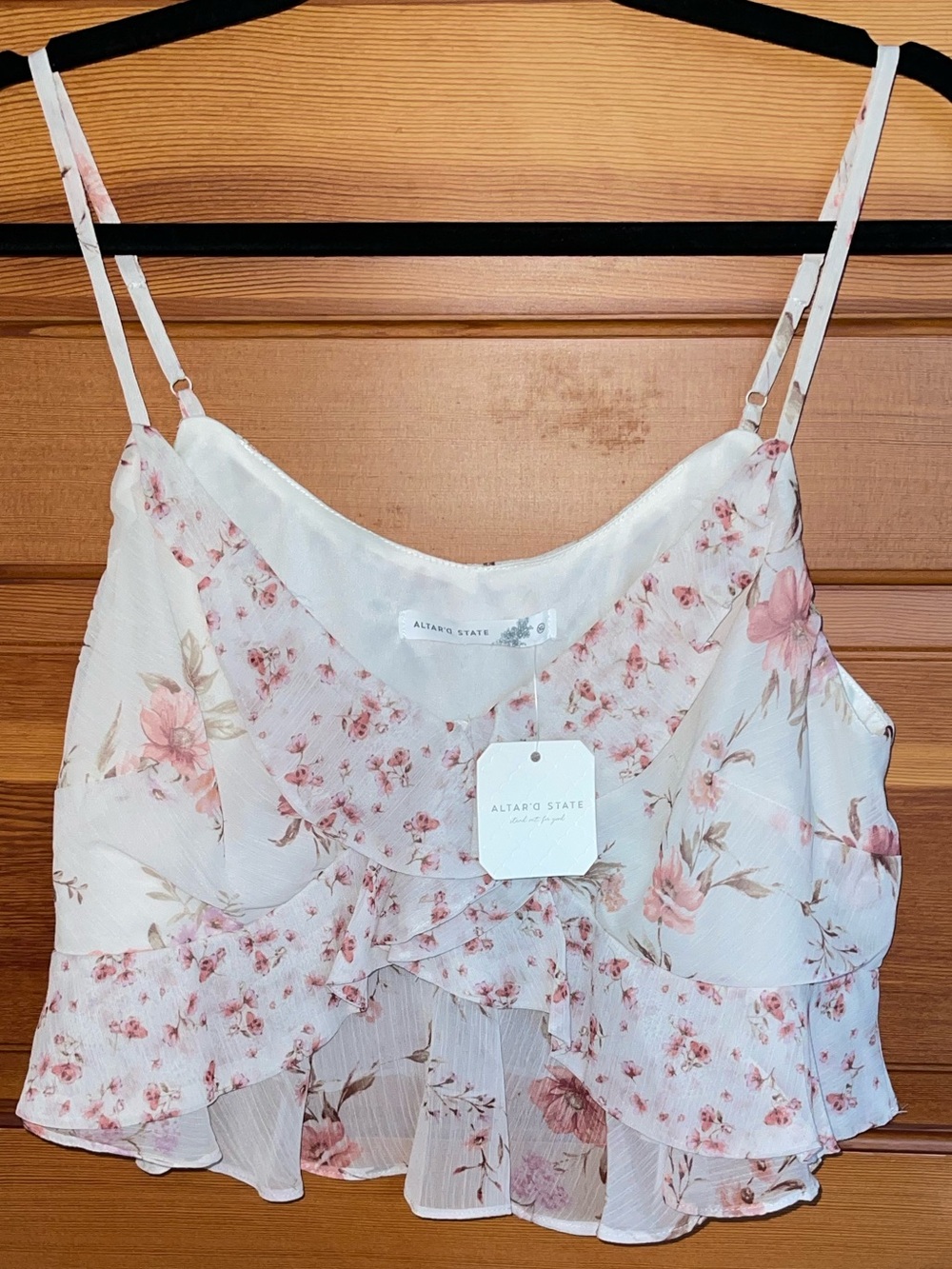Altar'd State White Floral Ruffle Chiffon Cami with Pink Blooms - XL - NWT
